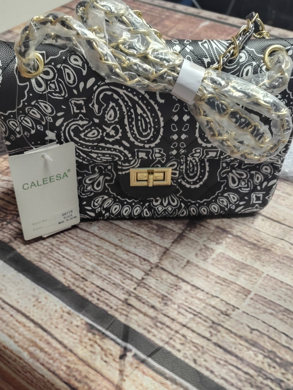 CALE Black & White Paisley Chain Crossbody Shoulder Bag